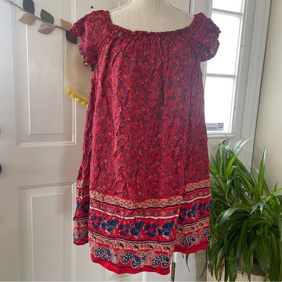 Anna-Kaci California Rustic Red Double Textured Tiered Floral Women'Dress, Sz S - Picture 5 of 11
